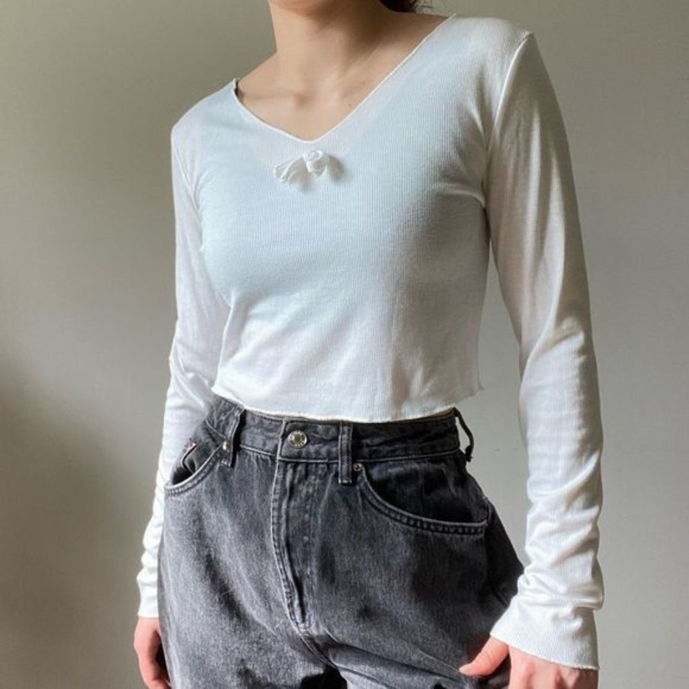 Ribbed Long Sleeve Crop Top w/ Bow Detail